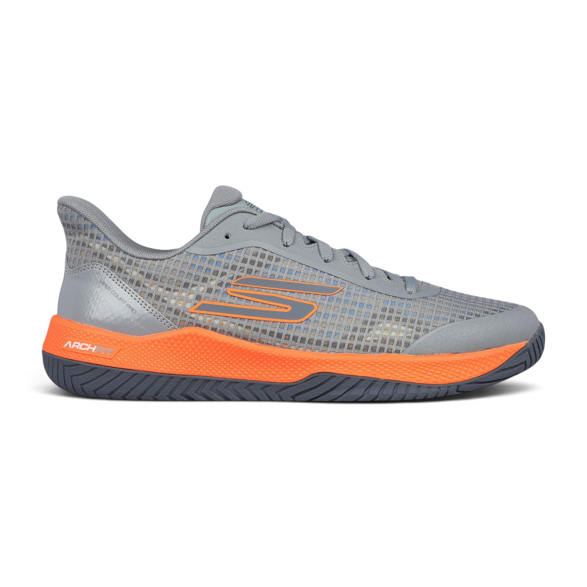 FRG Skechers Viper Court Pro pickleball shoe in gray and orange with mesh upper and Goodyear Gold outsole