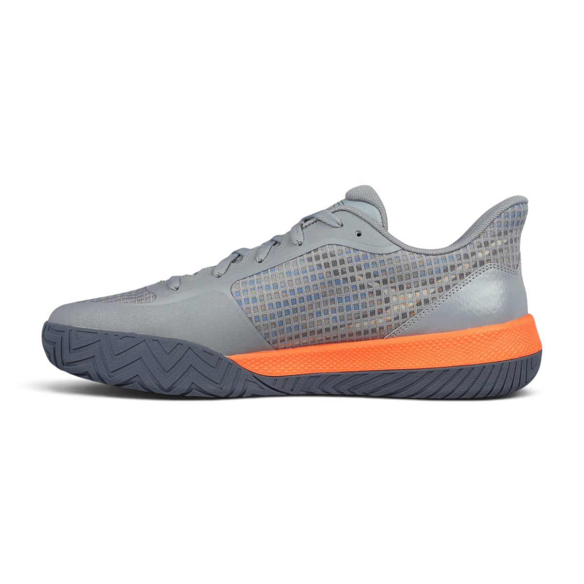 FRG Skechers Viper Court Pro pickleball shoe in gray and orange with a mesh upper and Goodyear Gold outsole.
