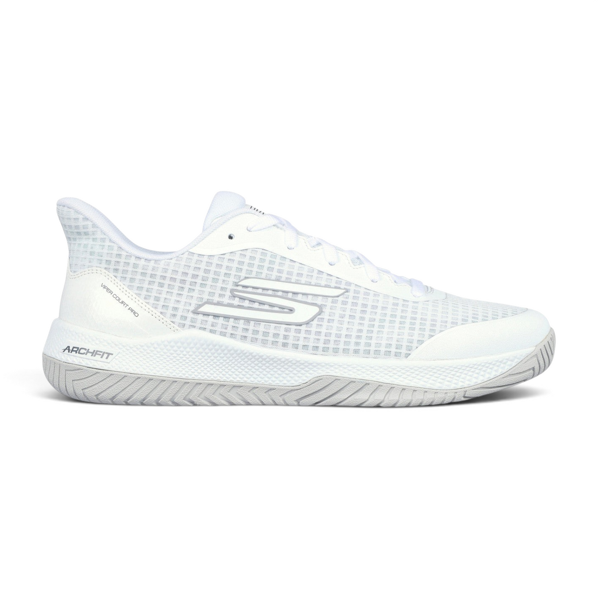 FRG Skechers Viper Court Pro pickleball shoe in white with mesh upper, Arch Fit technology, and Goodyear Gold outsole.