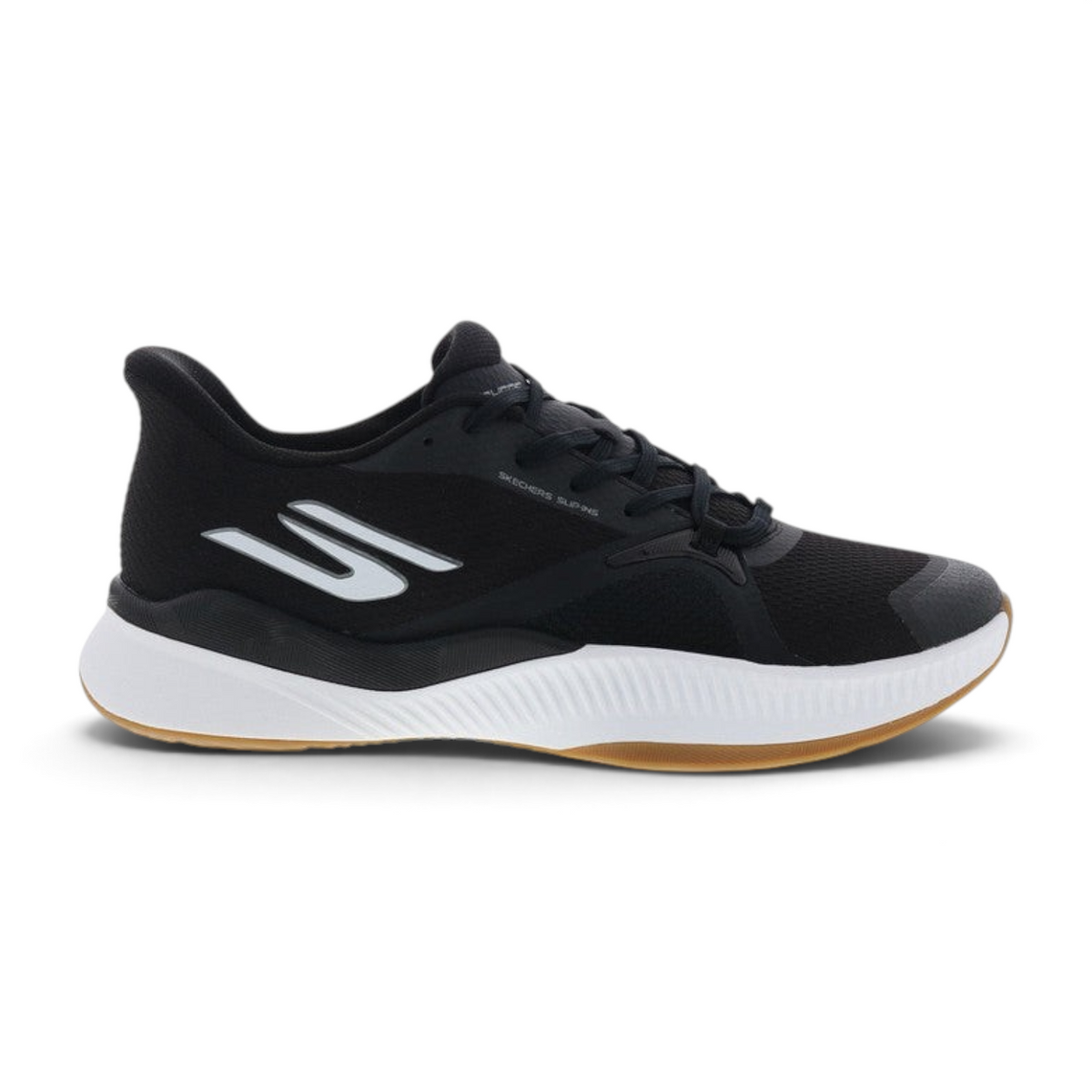 FRG Skechers State Champ black and white slip-on tennis shoe with a lightweight mesh upper and gum rubber outsole
