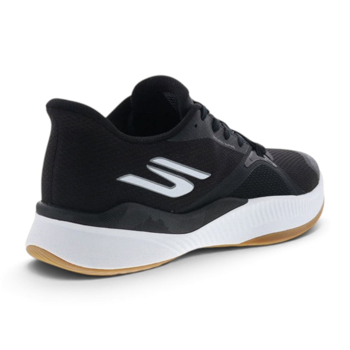 FRG Skechers State Champ black and white tennis shoe with a gum rubber sole, viewed from the rear quarter angle.