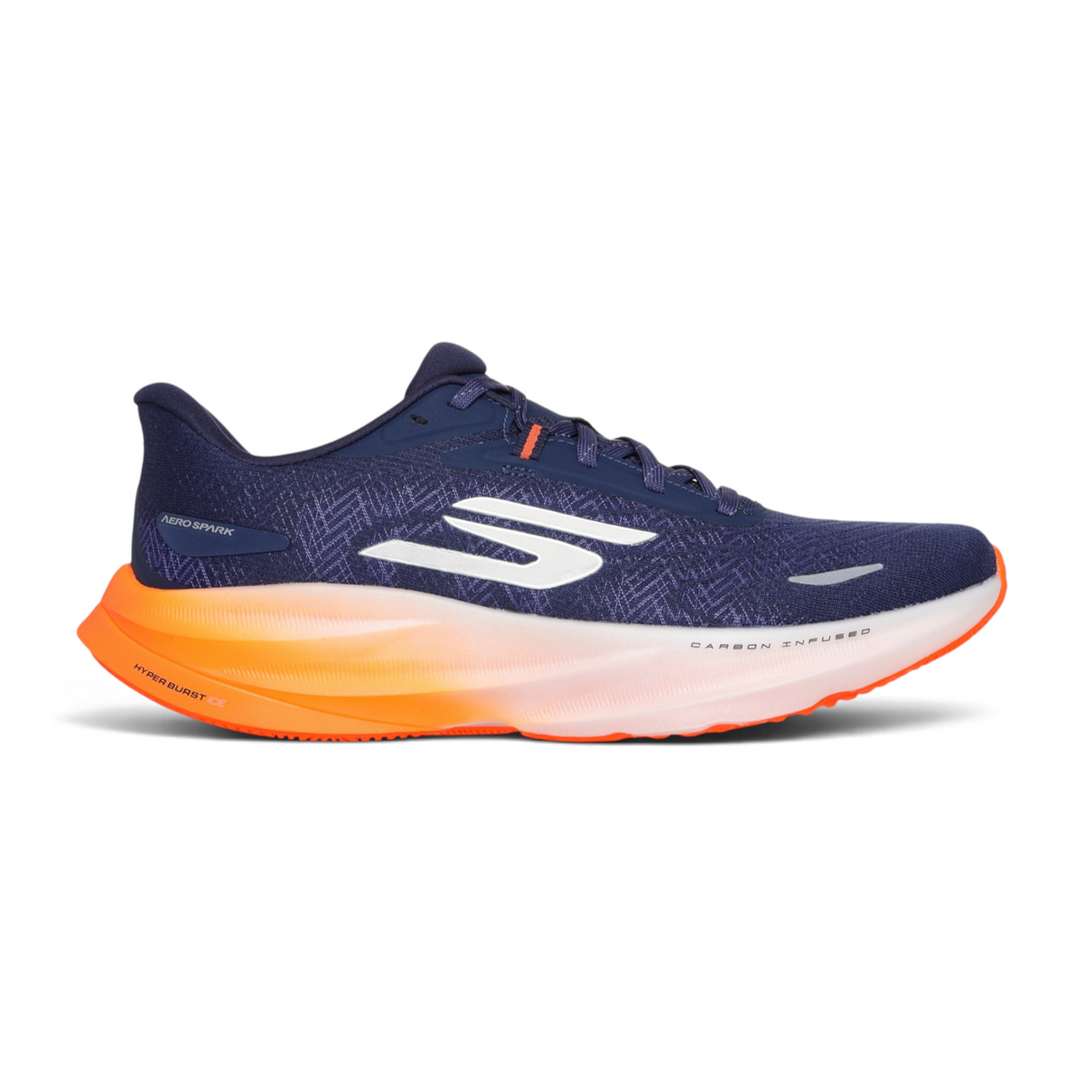 FRG Skechers Aero Spark navy blue running shoe with orange Hyper Burst Ice cushioning and white side logo