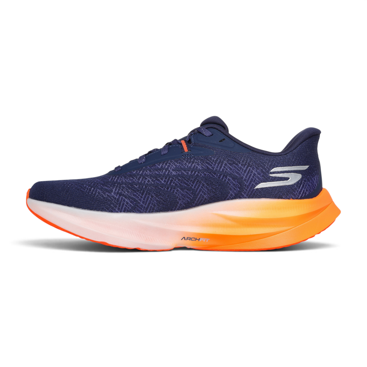 FRG Skechers Aero Spark running shoe in navy blue mesh with a vibrant orange and white Hyper Burst Ice midsole.