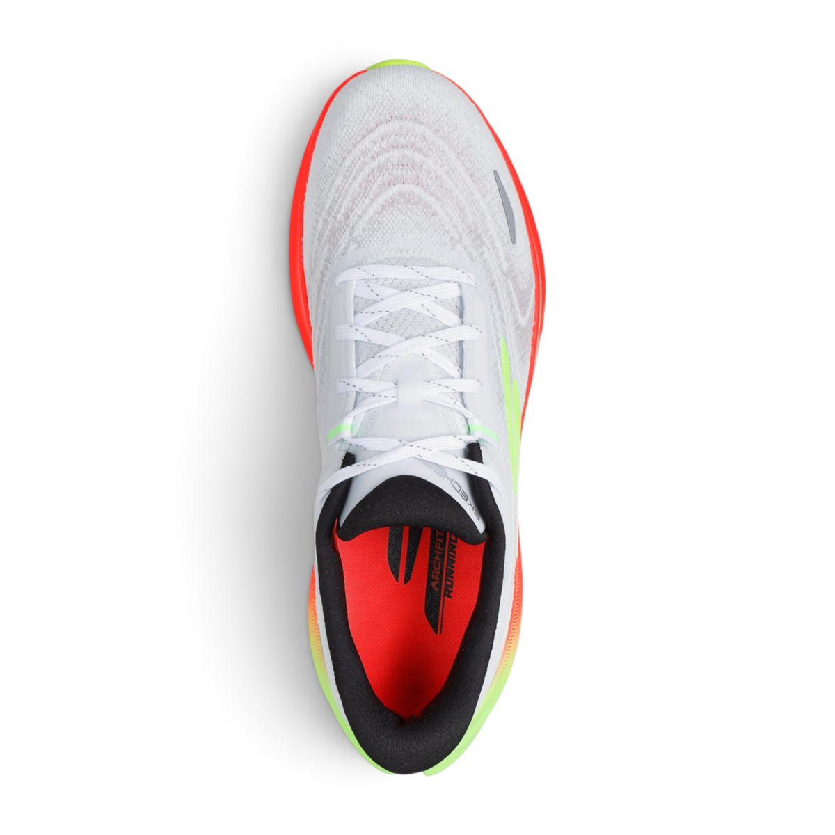 FRG Skechers Aero Spark performance running shoe with white mesh upper, orange midsole, and black interior lining.