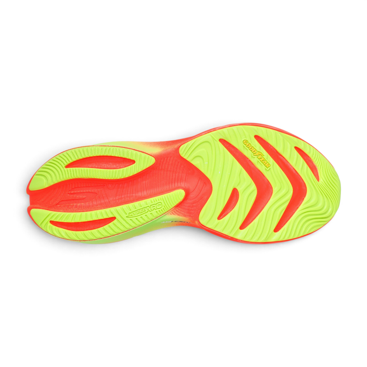 FRG Skechers Aero Spark running shoe outsole in bright lime green and orange with Goodyear Performance rubber tread.