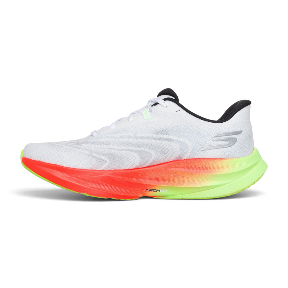FRG Skechers Aero Spark white performance running shoe with orange and lime green cushioned sole and mesh upper