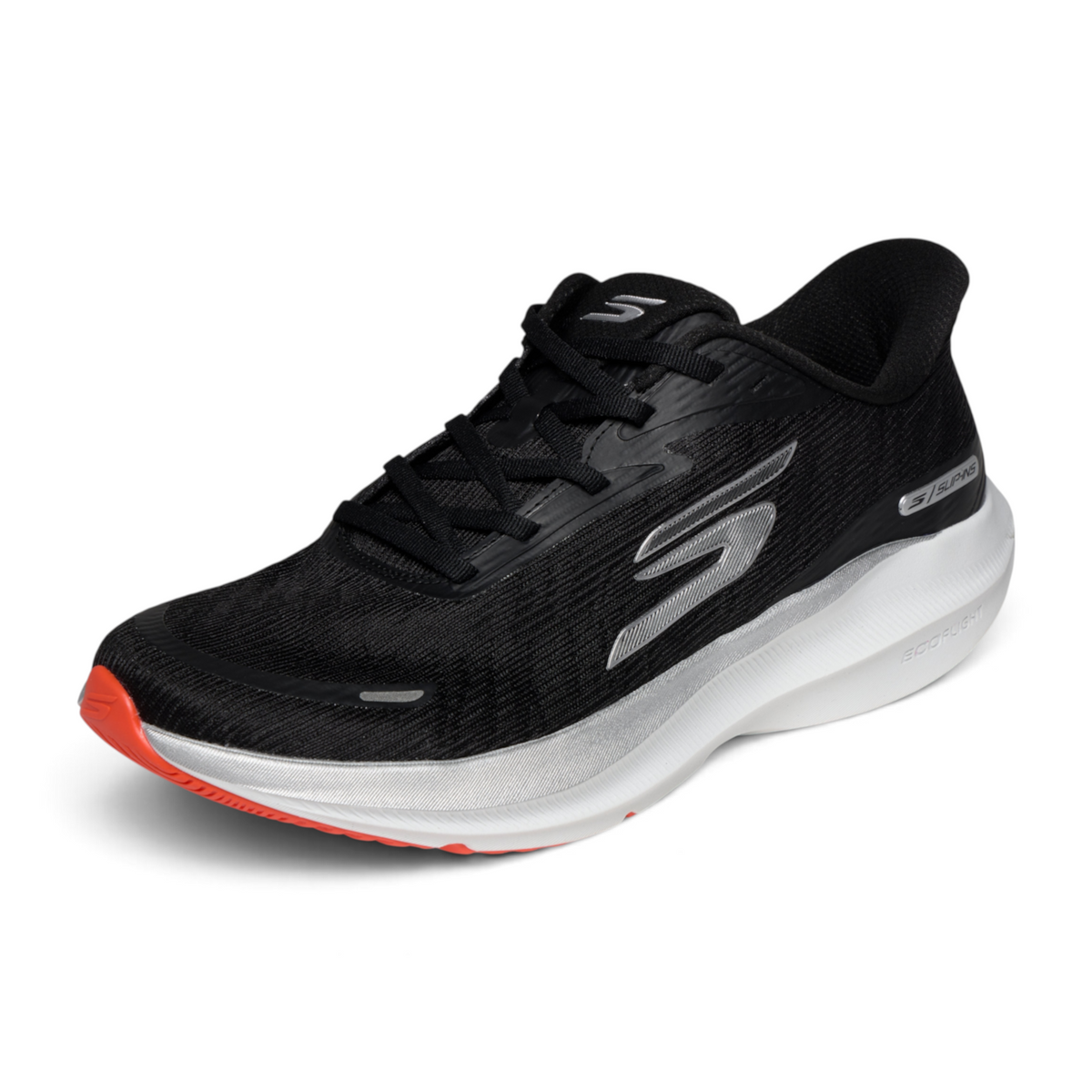 FRG Skechers Go Run Pure 5 black performance running shoe with white midsole, orange outsole, and mesh upper.