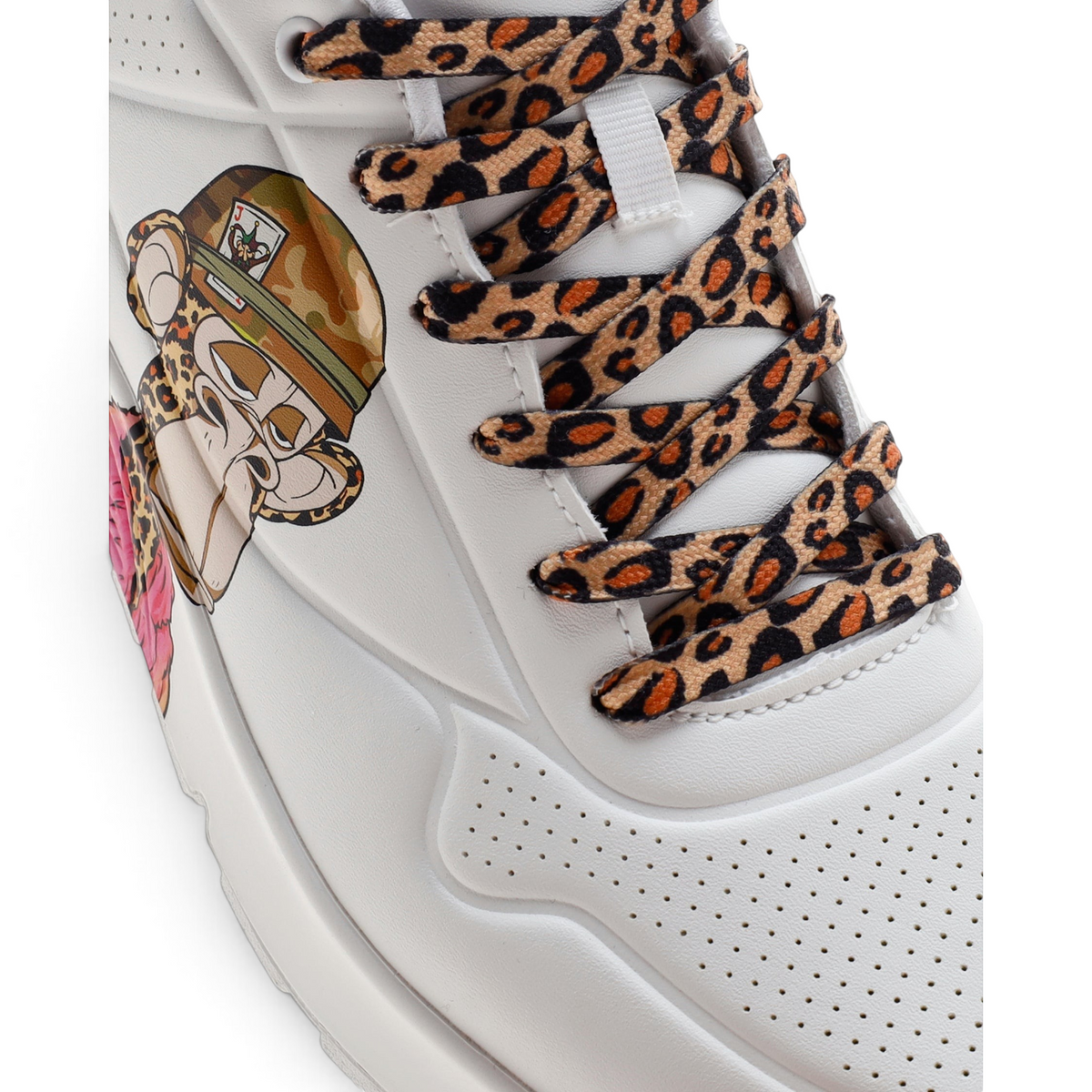 FRG UNO Dr. Bombay white sneakers featuring a cartoon monkey graphic and leopard print laces