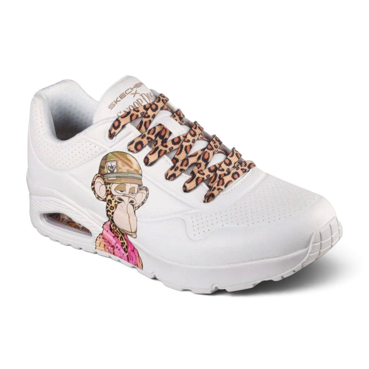 FRG UNO Dr. Bombay white sneakers featuring a cartoon monkey graphic and leopard print laces