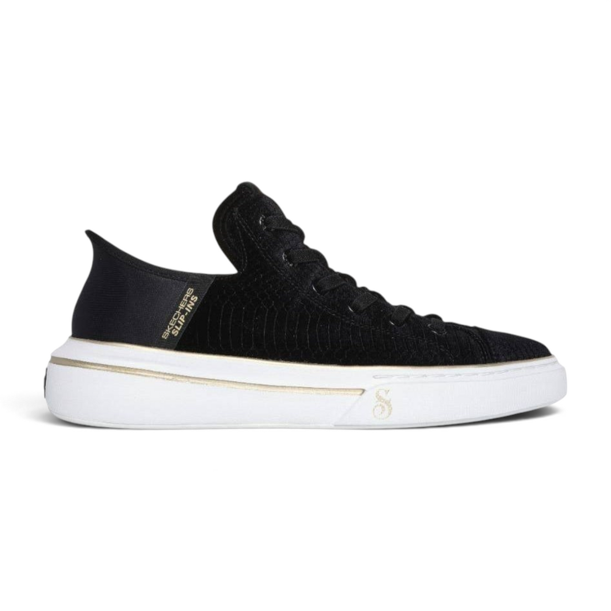 FRG Skechers Slip-ins Snoop One Boss Life black velvet sneakers with white platform sole and gold detailing