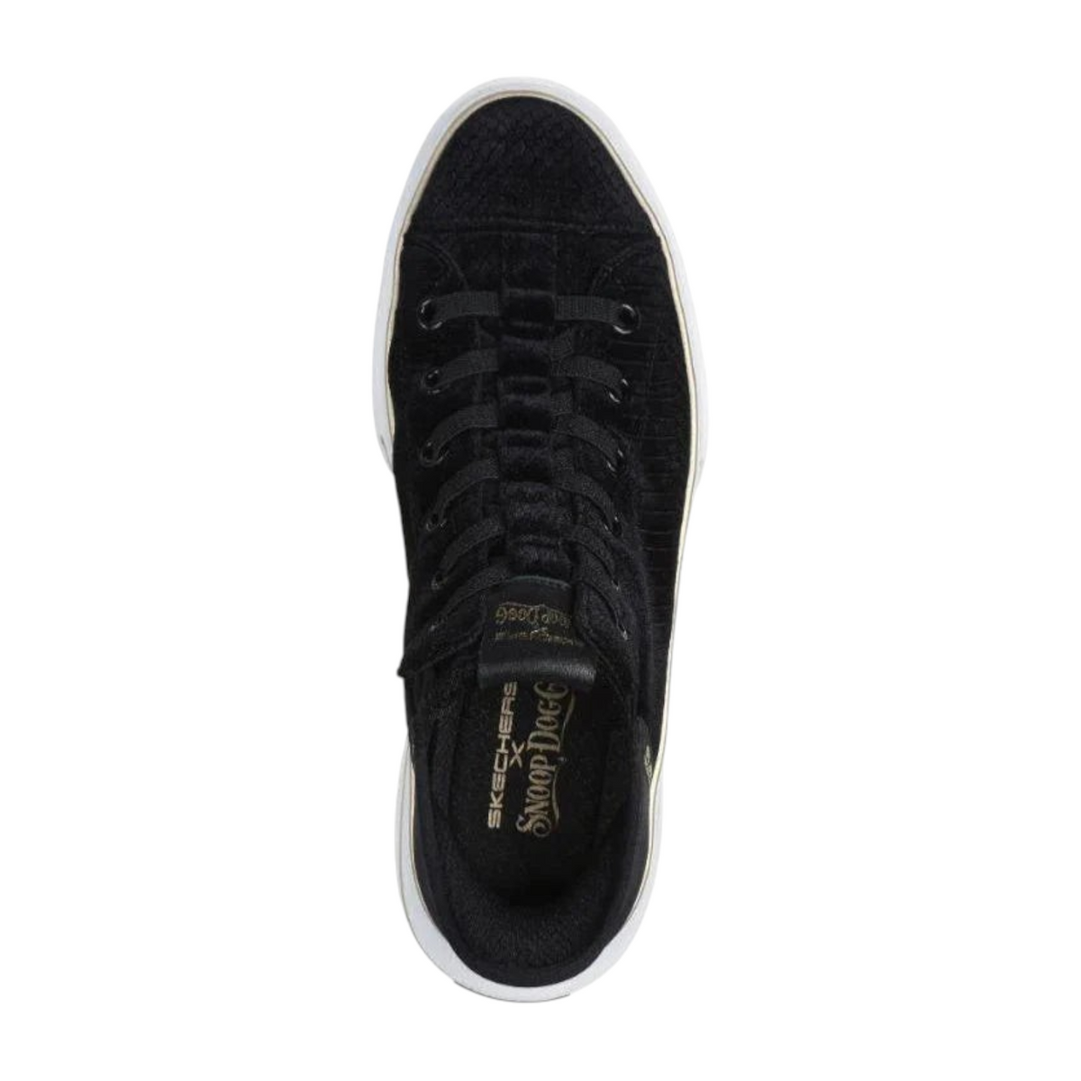 FRG Skechers x Snoop Dogg Boss Life black velvet slip-in sneakers with white rubber sole, top-down view