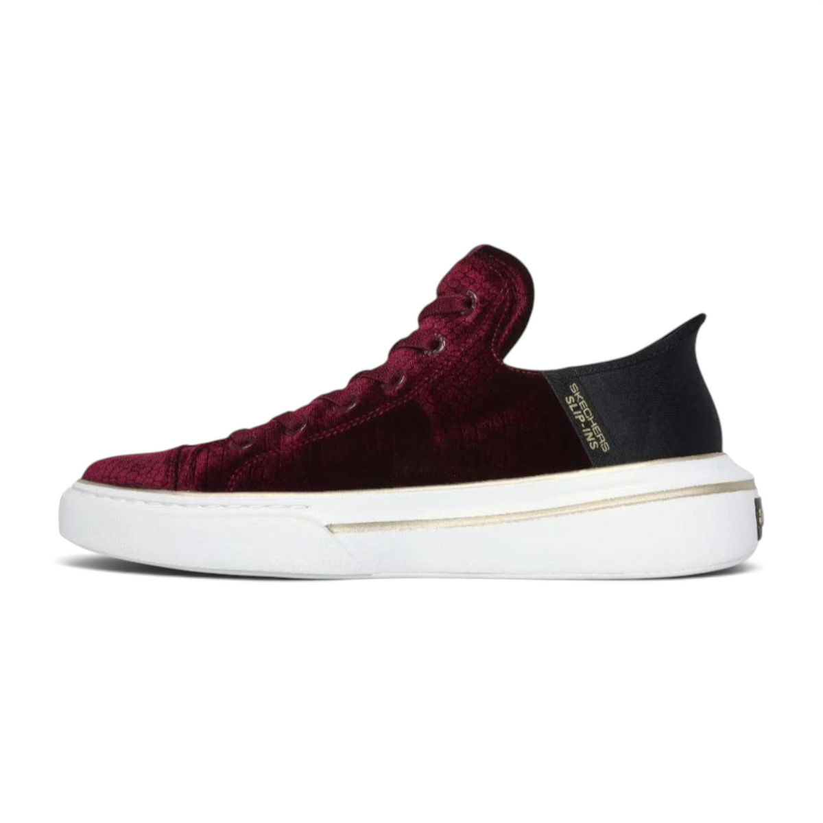 FRG SLIP-INS: SNOOP ONE - BOSS LIFE VELVET sneaker in deep burgundy velvet with a white platform sole