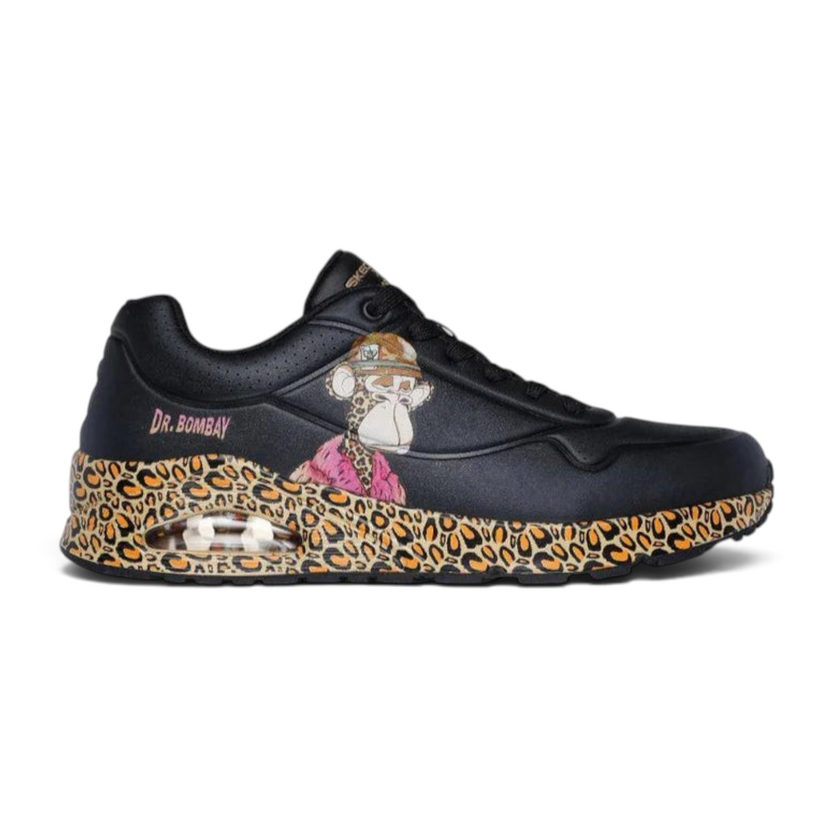 FRG Snoop Dogg Uno Dr. Bombay black sneakers featuring a leopard print midsole and a graphic of Dr. Bombay.