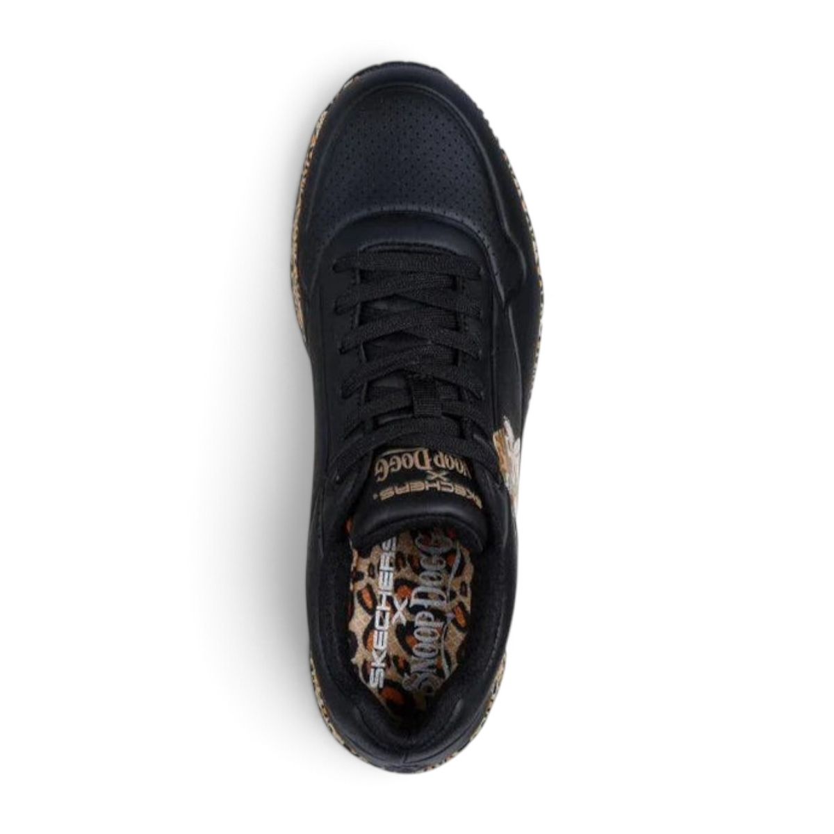 FRG Skechers x Snoop Dogg Uno Dr. Bombay black sneakers with leopard print trim and lace-up closure top view