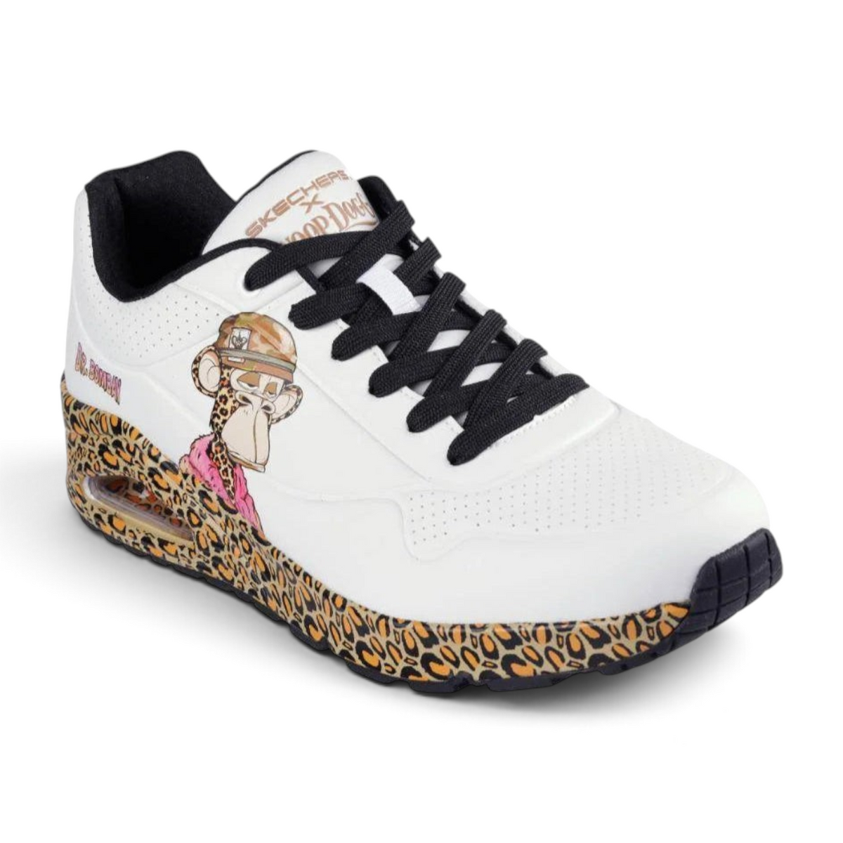 FRG Skechers x Snoop Dogg Uno Dr. Bombay sneakers in white with black laces and a leopard print midsole design.