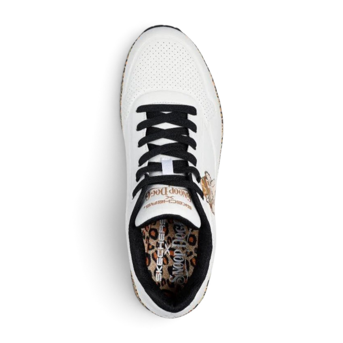 FRG x Skechers Snoop Dogg Uno Dr. Bombay white sneakers with black laces and leopard print interior lining