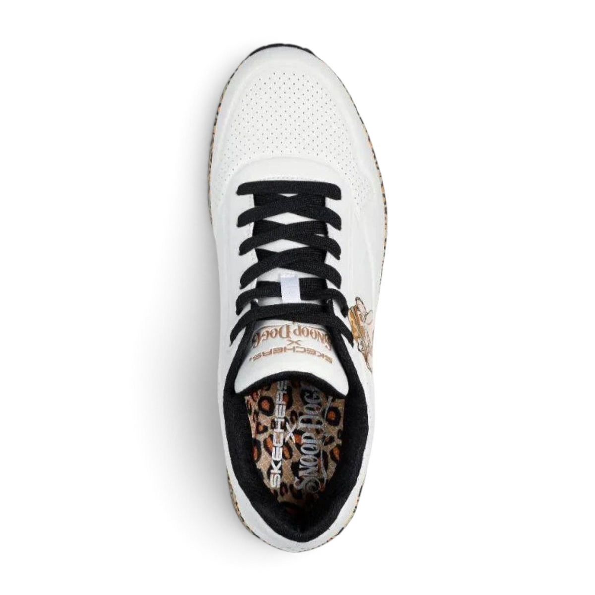 FRG Snoop Dogg Uno Dr. Bombay white sneakers with black laces and leopard print interior lining