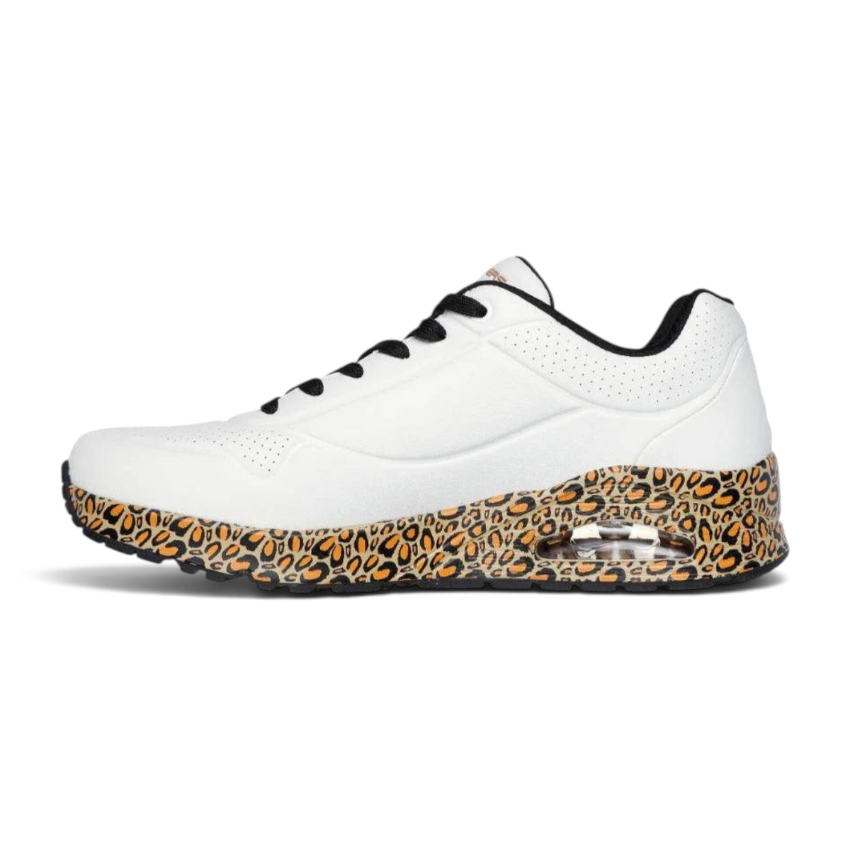 FRG Snoop Dogg Uno Dr. Bombay white sneakers with leopard print midsole and visible air cushioning