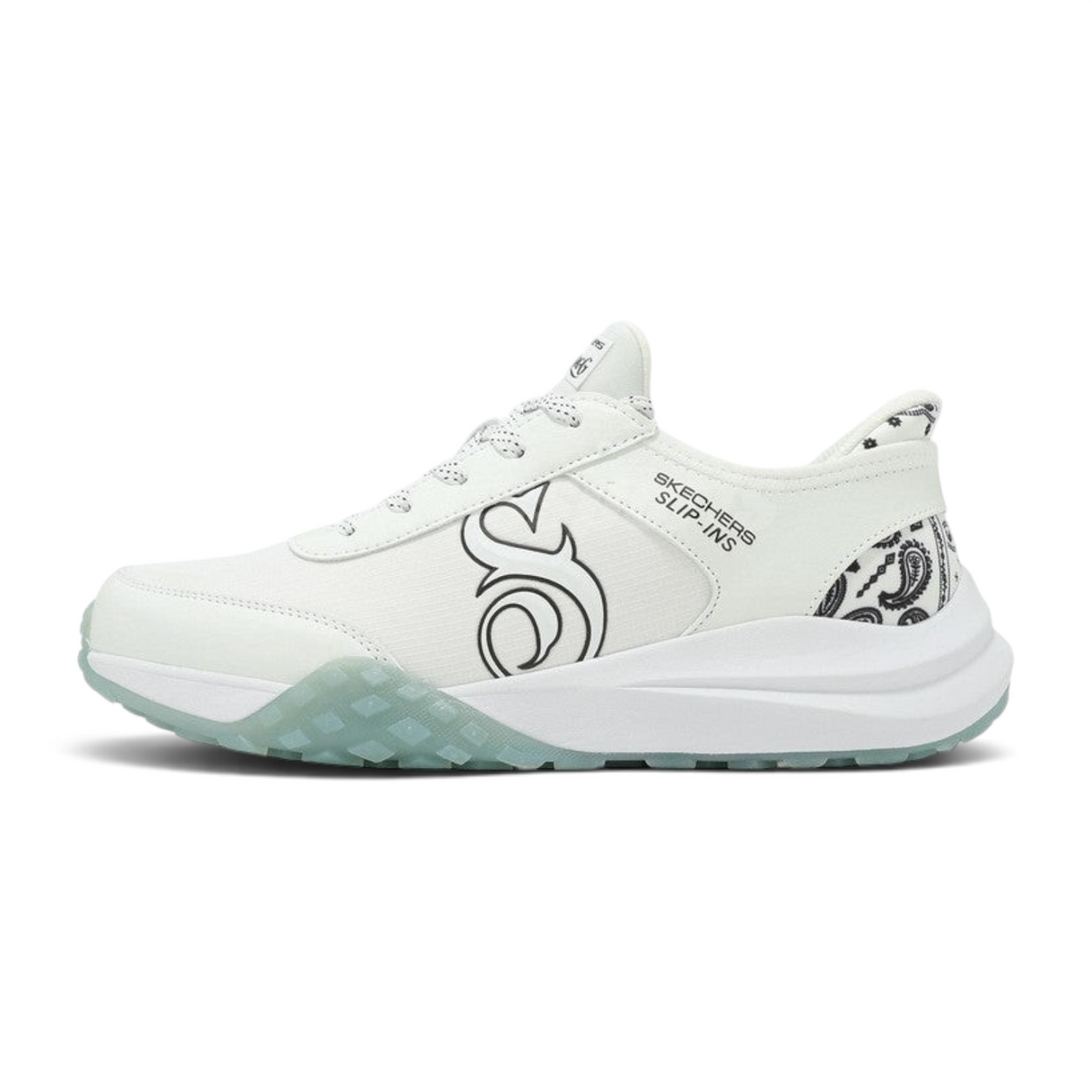 FRG Skechers Snoop Dogg Frenzy Evader white sneaker with black paisley heel detail and slip-in design