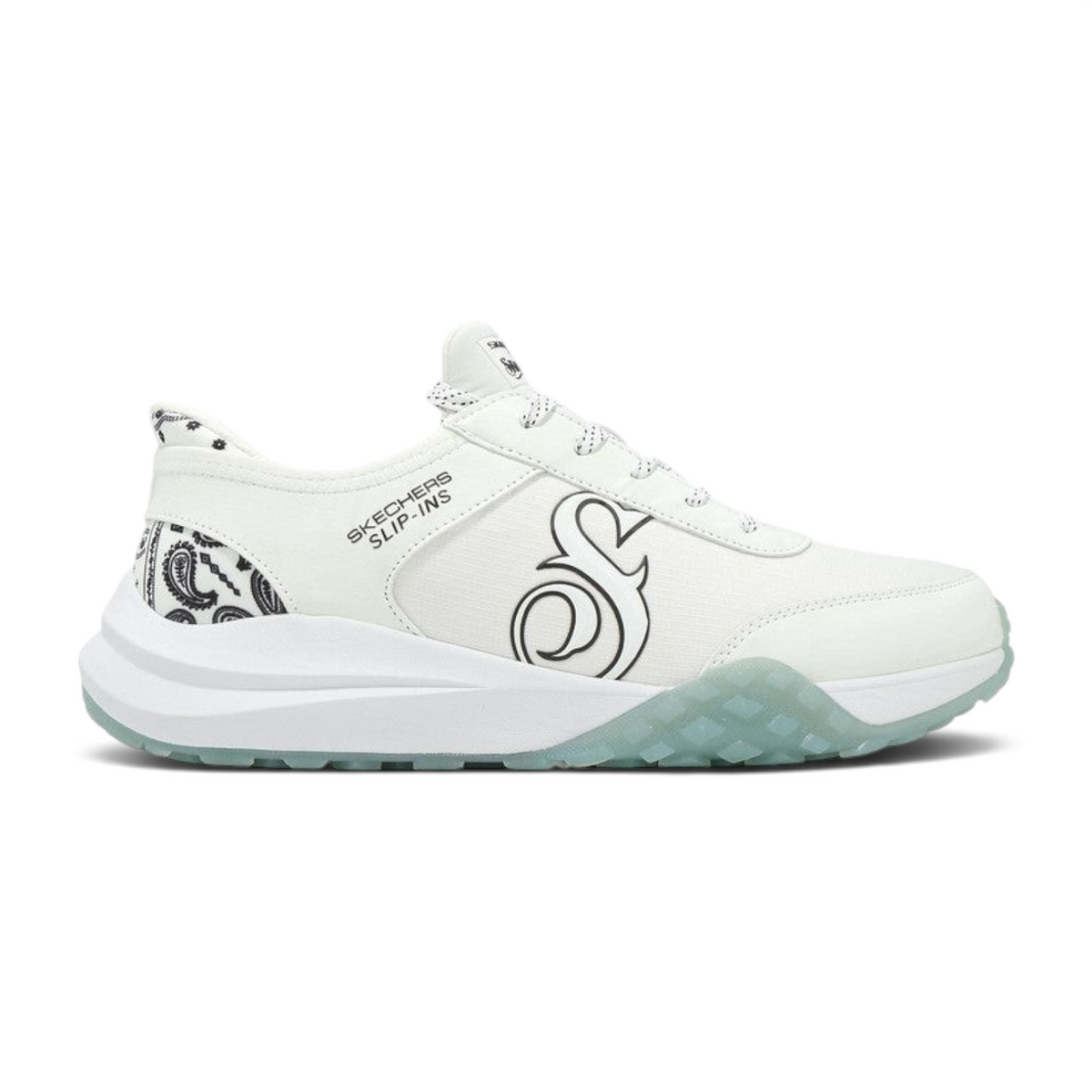 FRG Skechers Snoop Dogg Frenzy Evader white sneaker with black paisley heel detail and slip-in design
