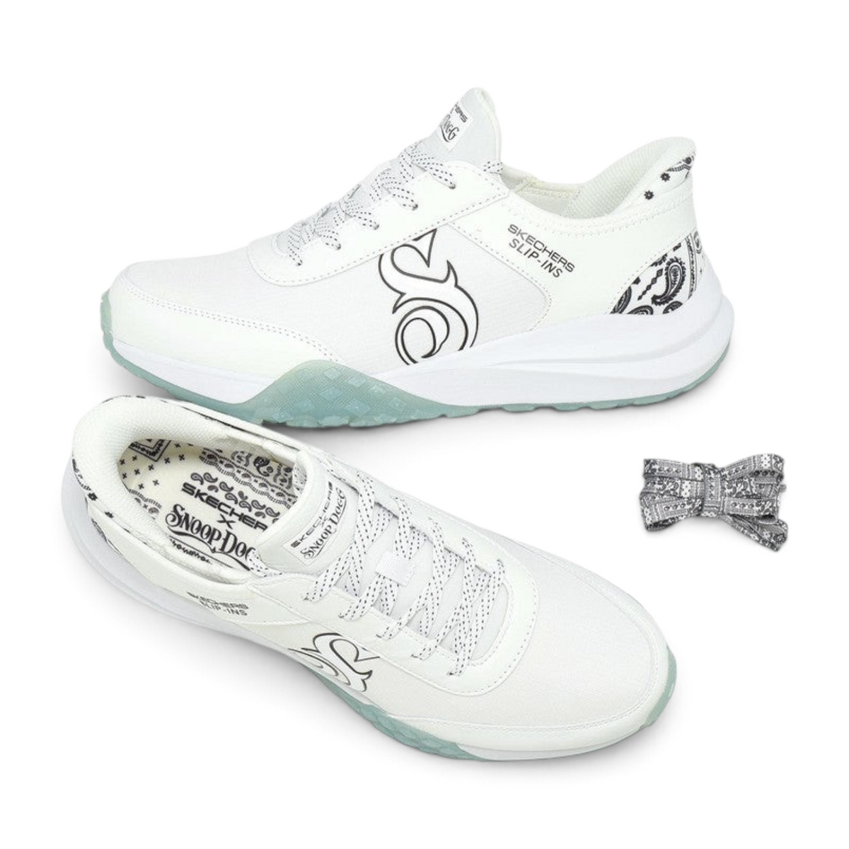 FRG Skechers Snoop Dogg Frenzy Evader white sneakers with black paisley accents and slip-in design