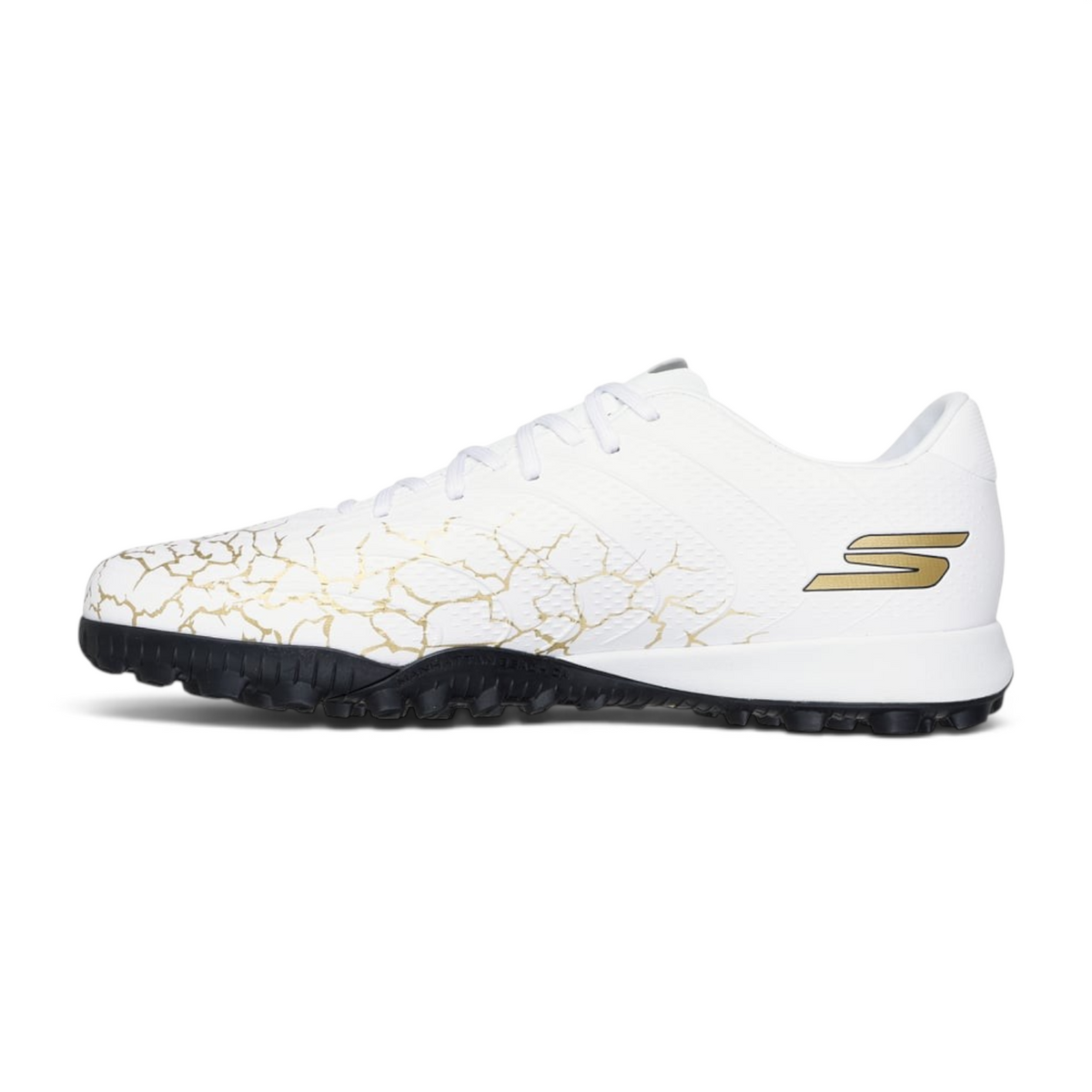 FRG Skechers Gold TF turf boot in white with black outsole and gold crackle pattern detailing