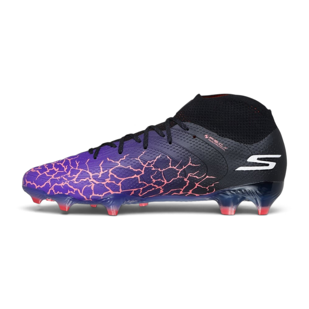 FRG Skechers SKX 1.5 High Elite FG soccer cleat in purple and black with a cracked graphic and high-top collar.