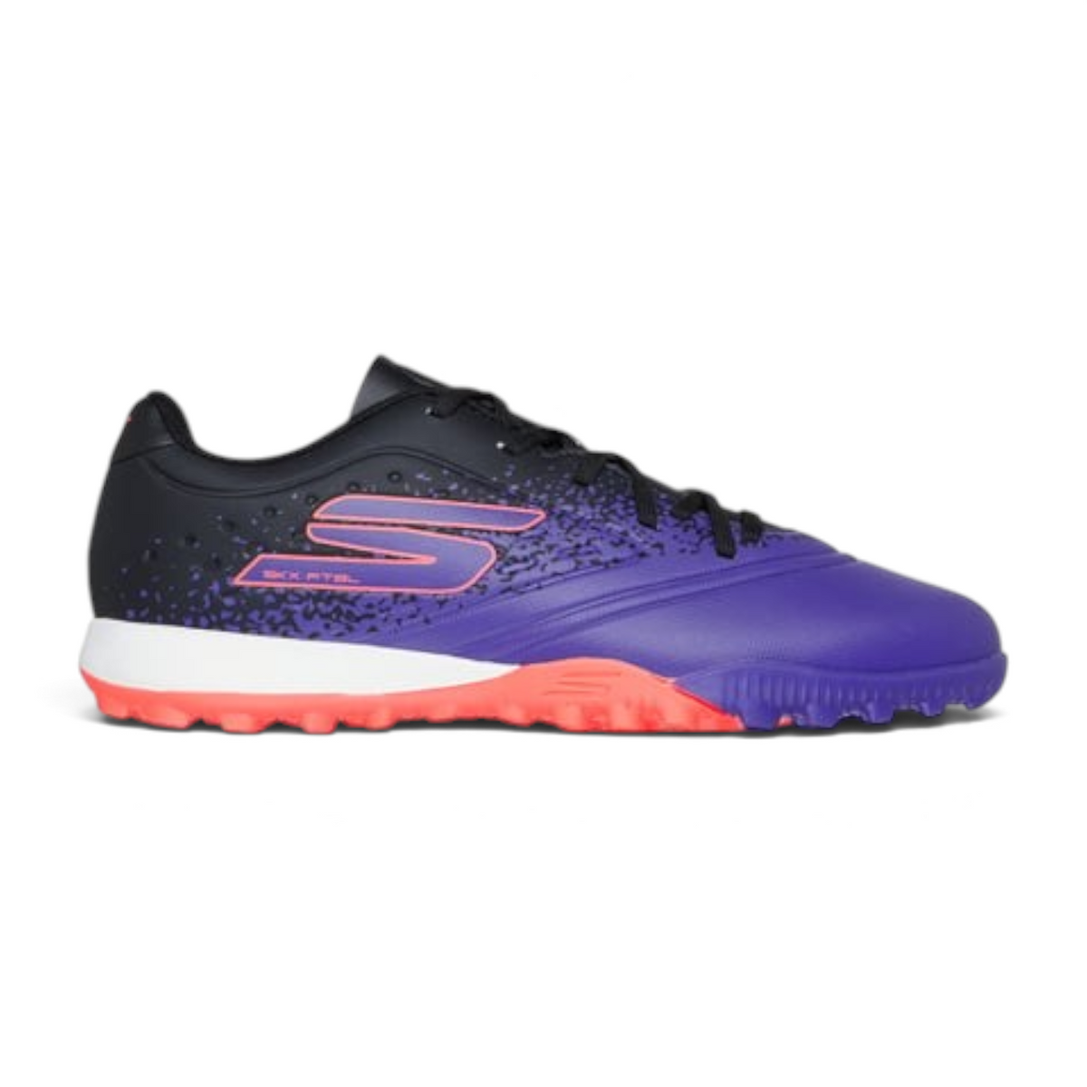FRG Skechers Razor 1.5 Jr youth turf soccer boots in purple and black with a bright orange sole for multidirectional grip