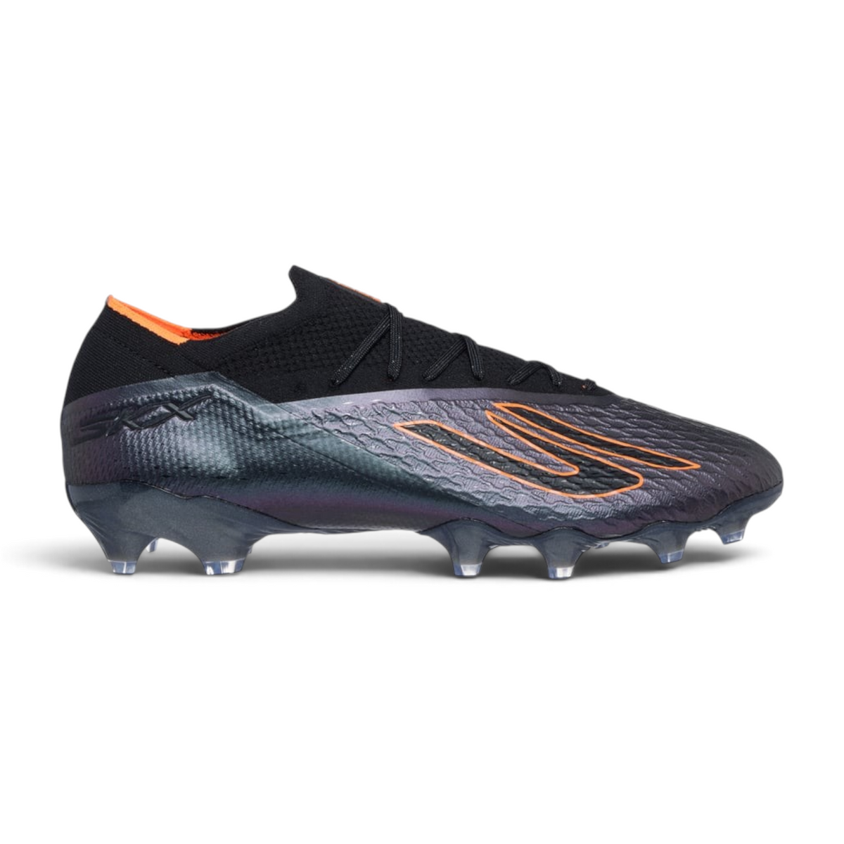 FRG Skechers SKX 2 Elite FG soccer cleats in black and orange with textured grip elements and firm ground studs