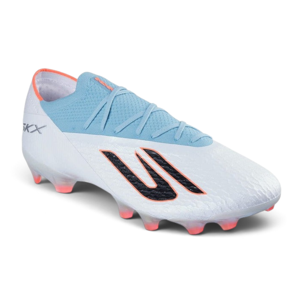 FRG Skechers SKX 2 Elite FG soccer cleat in white, turquoise, and pink with textured grip and firm ground studs