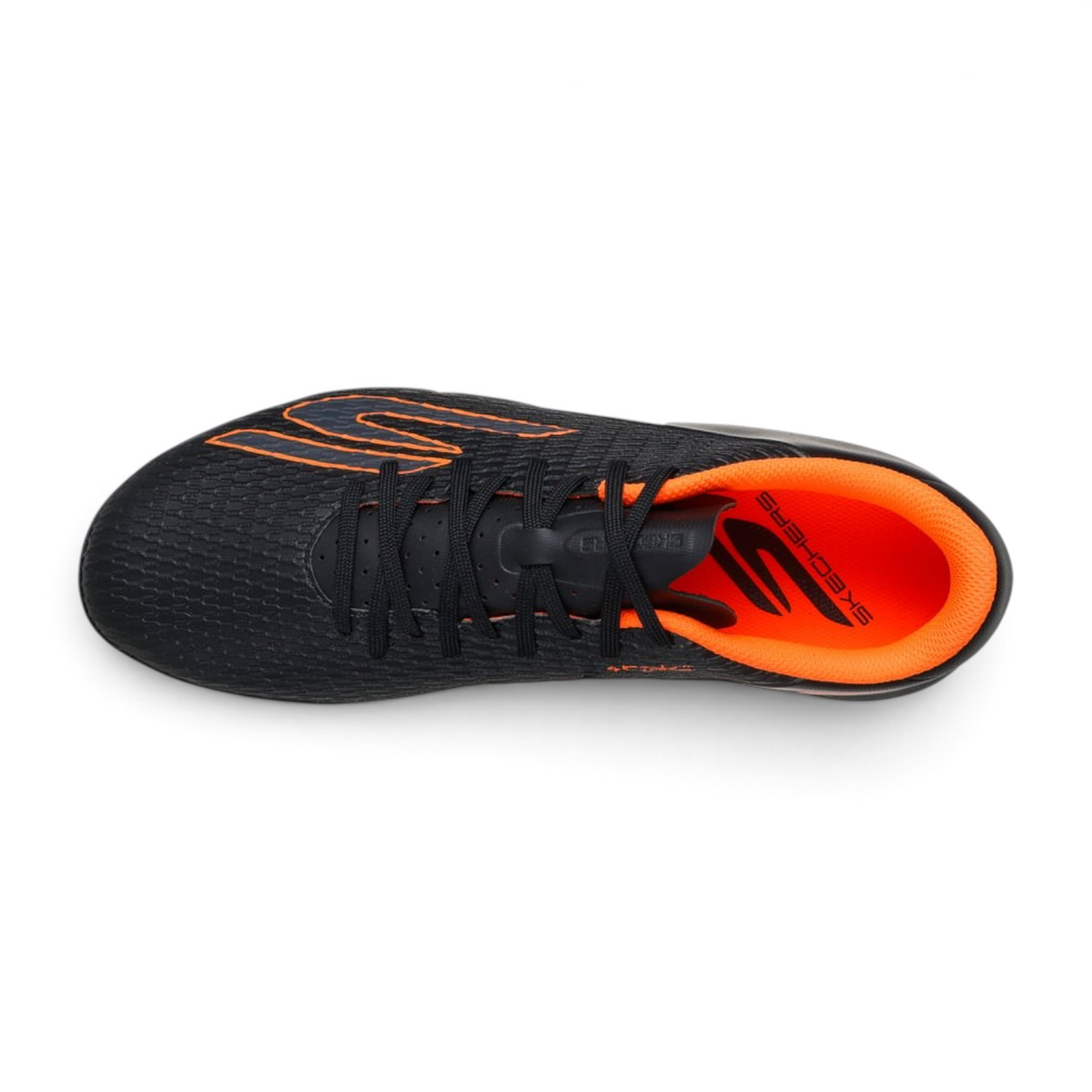 FRG Skechers Club TF turf boot in black with orange accents, featuring a moulded upper and comfortable sockliner.