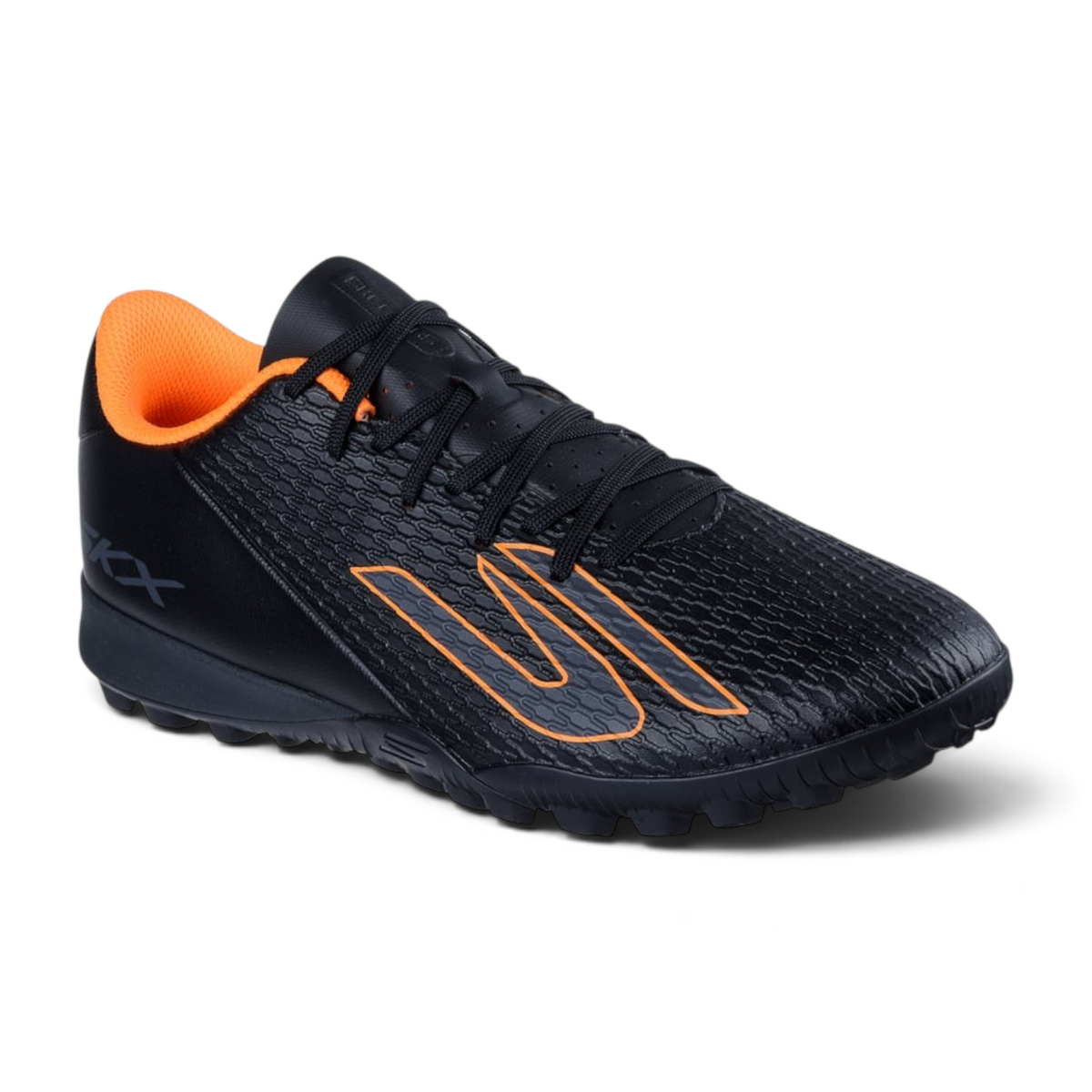 FRG Skechers Club TF turf boot in black with orange accents, featuring a moulded upper and rubber outsole.