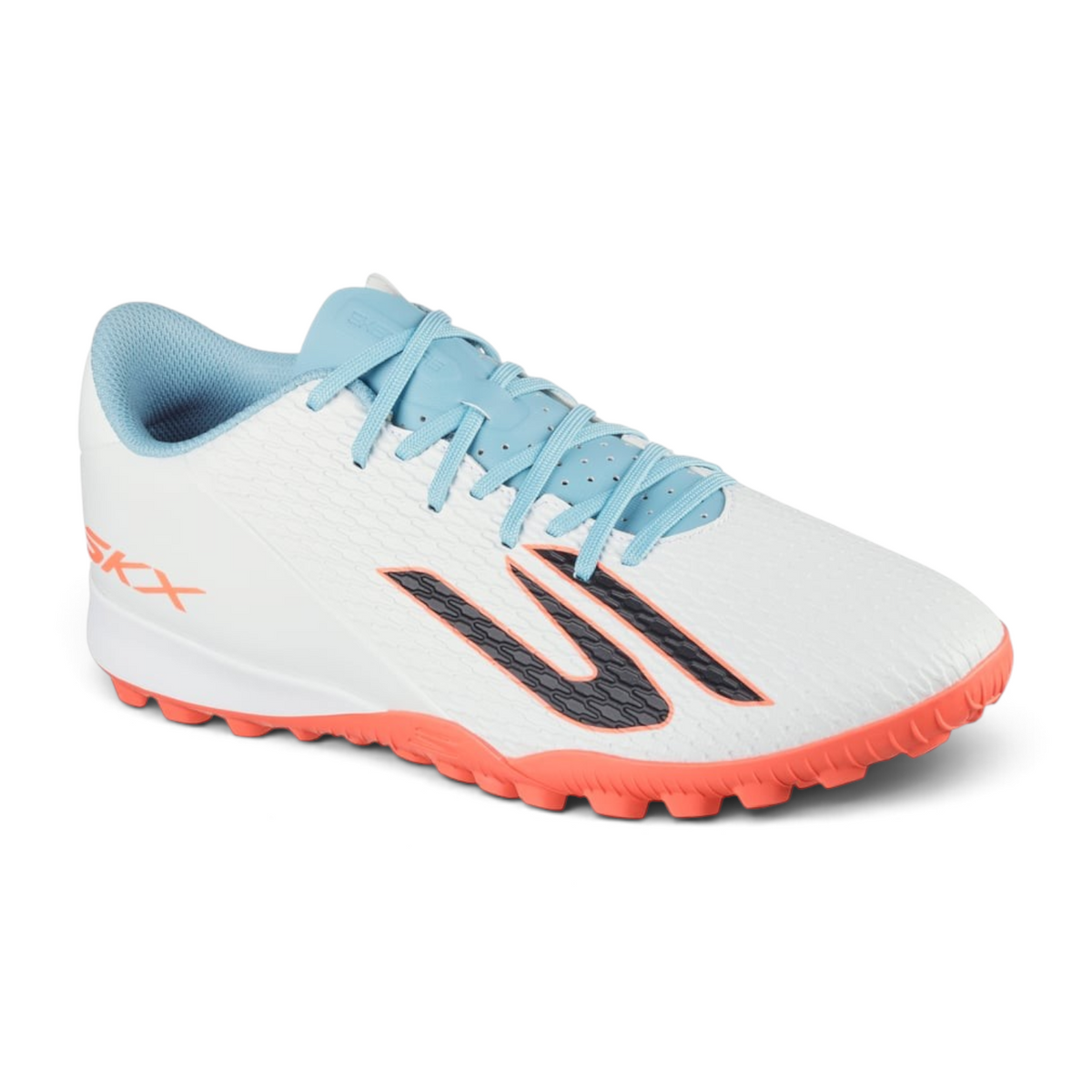 FRG Skechers Club TF turf boot in white with turquoise laces and pink outsole details for soccer performance