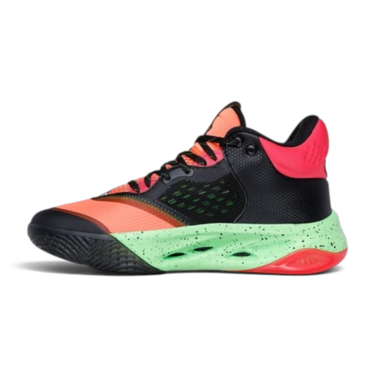 FRG Skechers SKX FLOAT mid-top basketball shoes in pink, black, and green with a speckled midsole and locked-down heel.