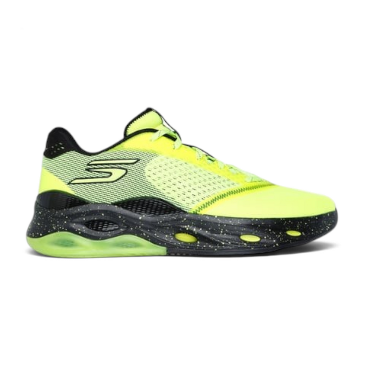 FRG Skechers SKX FLOAT basketball shoes in bright yellow and black with a speckled midsole and low-top design.
