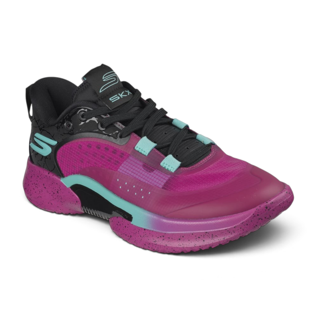 FRG Skechers Basketball RESAGRIP low-top shoes in purple and black with teal accents and speckled midsole