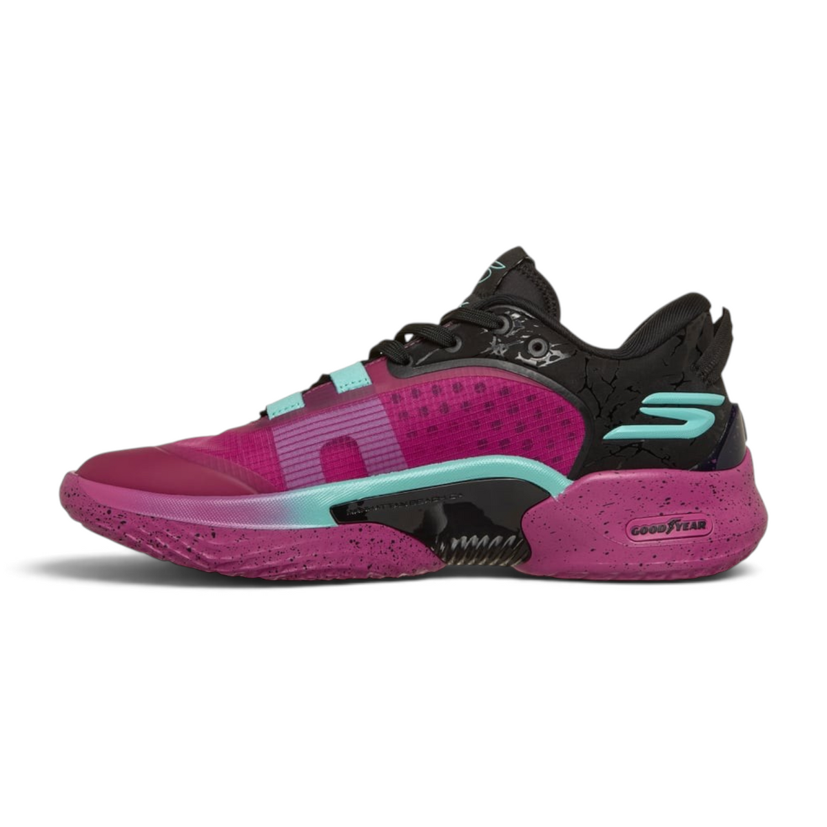 FRG Skechers Basketball RESAGRIP low-top shoes in purple and black with teal accents and Goodyear rubber outsole