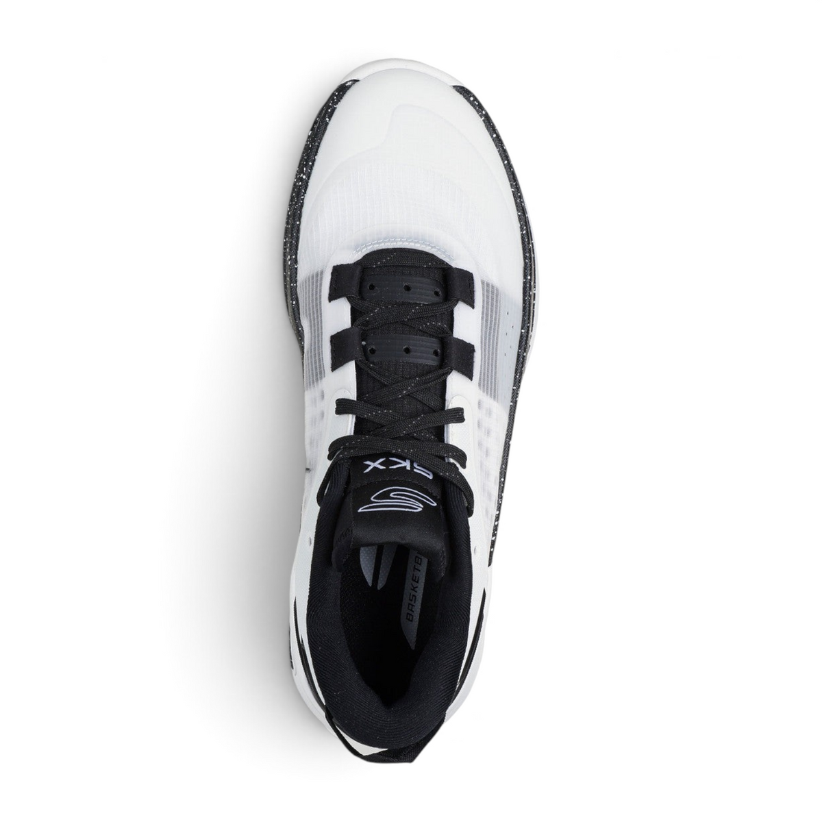 Top view of FRG SKX RESAGRIP basketball shoe in white and black with a speckled midsole and breathable mesh upper.
