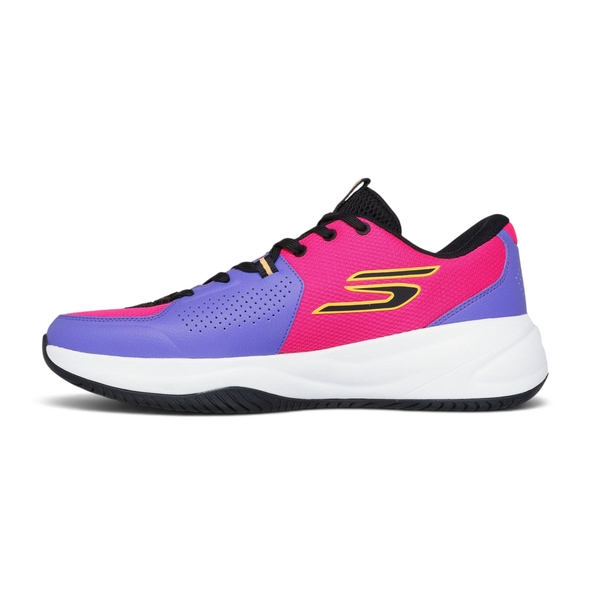 FRG SKX LEAGUE athletic sneaker in vibrant pink and purple with a black S logo and white cushioned midsole