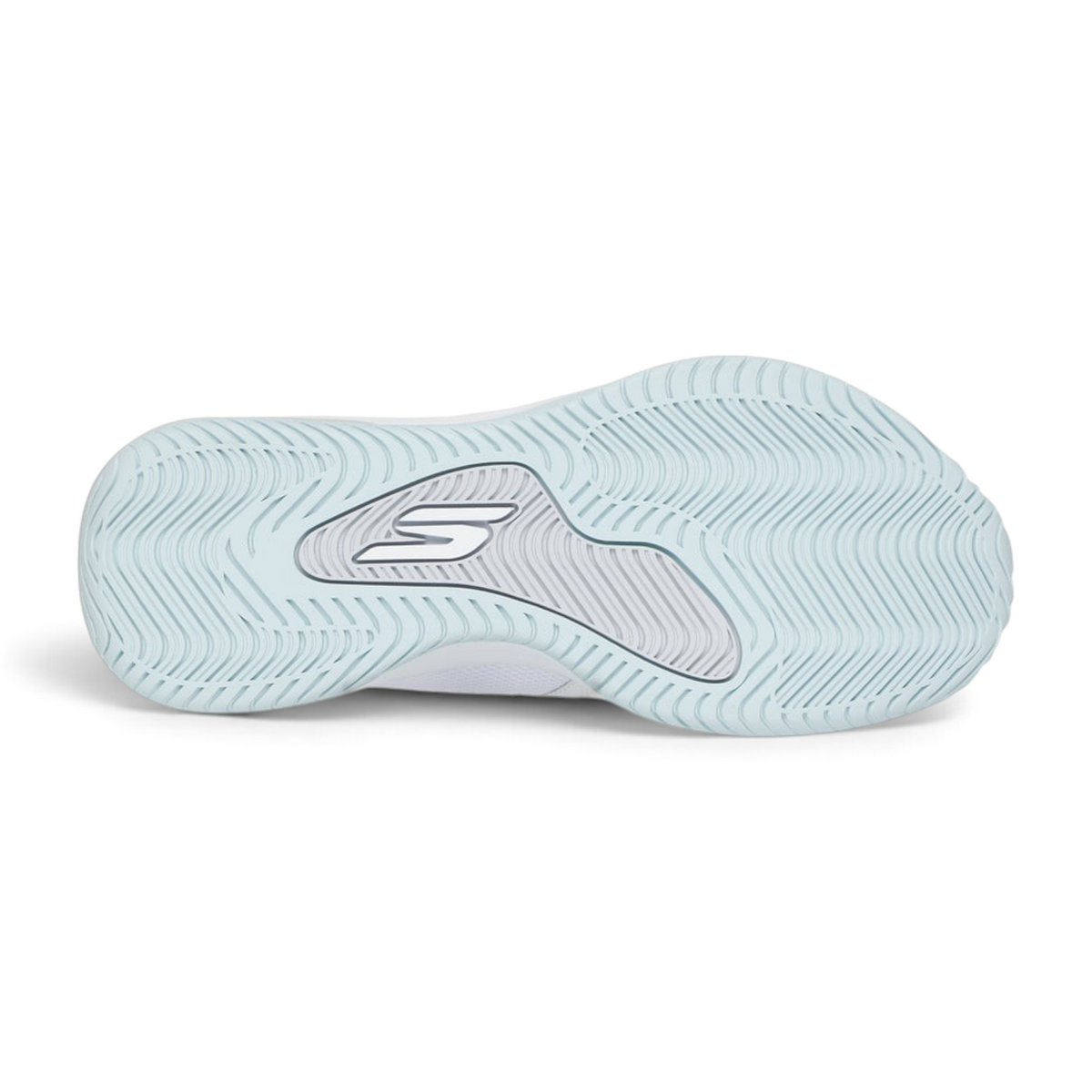 FRG Skechers LEAGUE basketball shoe outsole in light blue with a white traction pattern and central logo detail