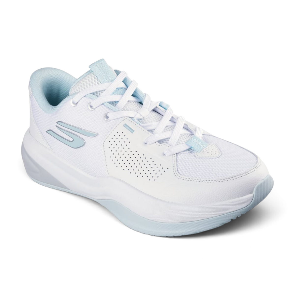 FRG Skechers LEAGUE low-top basketball shoes in white with light blue accents and breathable mesh detailing