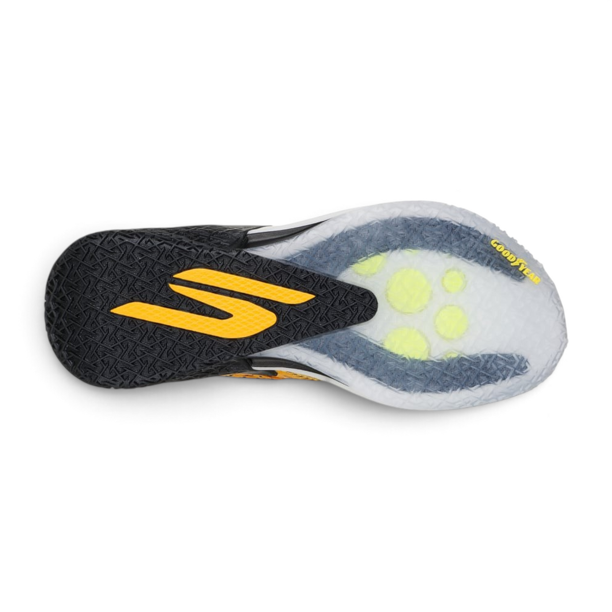 FRG Skechers SKX REIGN basketball shoe outsole in yellow and black with Goodyear performance traction pattern