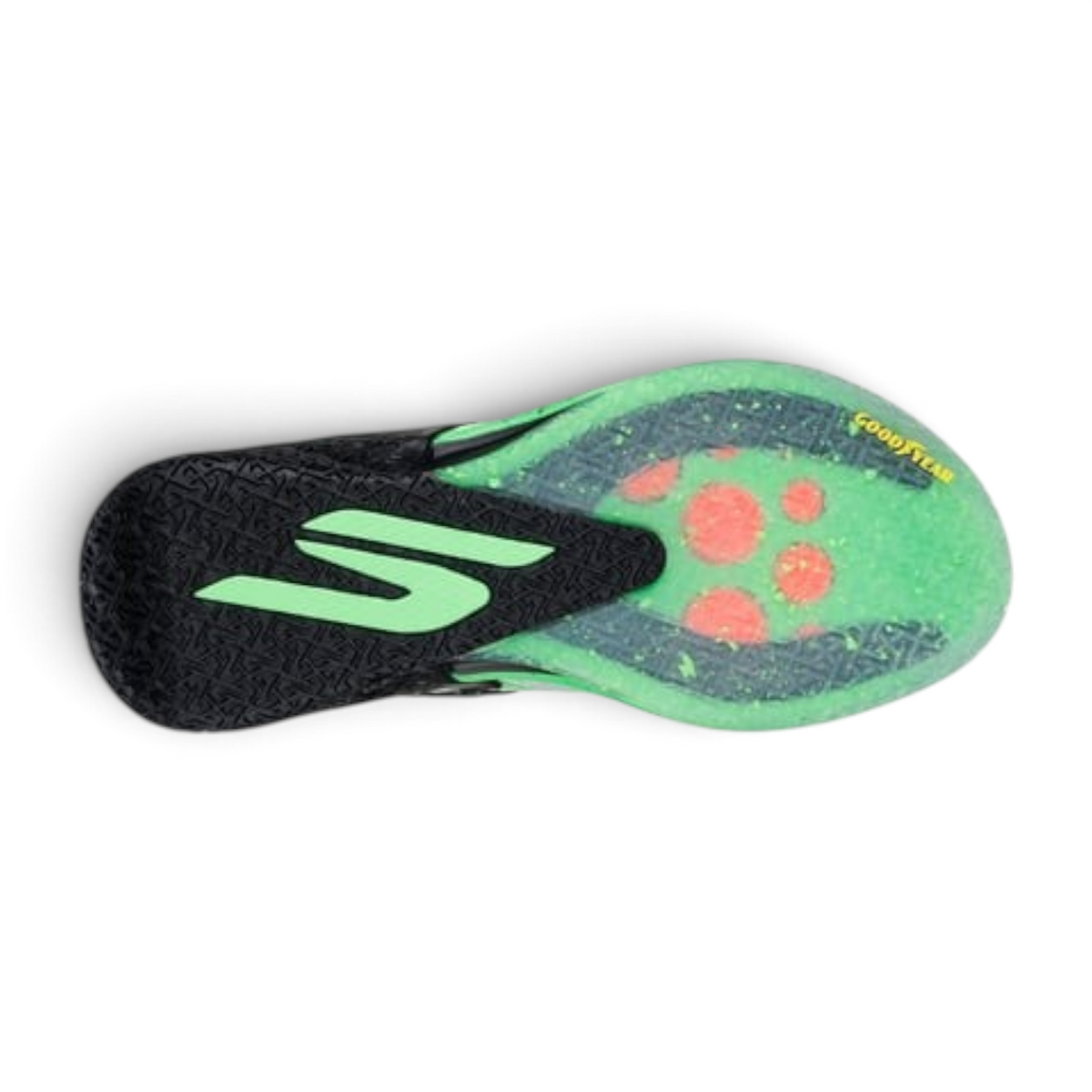 FRG Skechers SKX REIGN basketball shoe outsole featuring a black and translucent green rubber grip with Goodyear logo