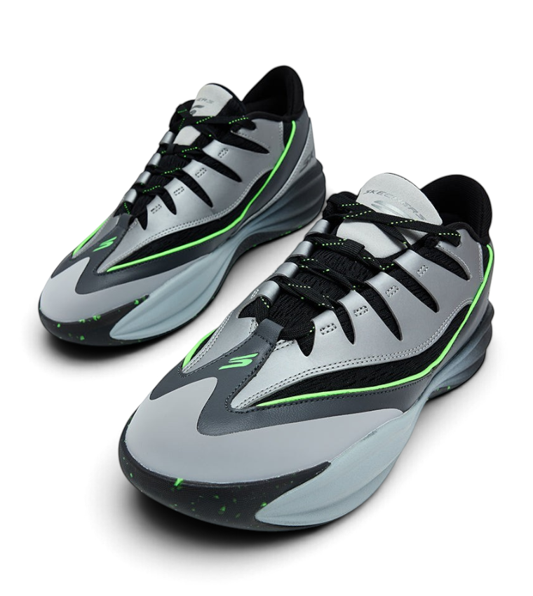 FRG Skechers SKX B-Lite low top basketball shoes in charcoal, black, and lime with a Goodyear rubber outsole.