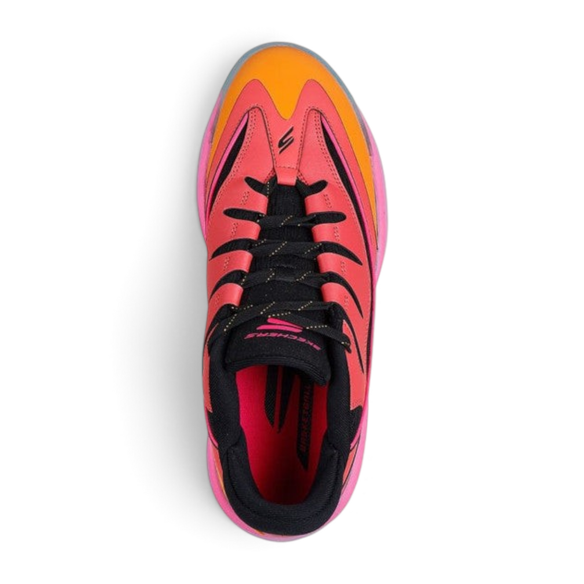FRG Skechers SKX B-LITE low-top basketball sneakers in vibrant pink and orange with black accents, top-down view.
