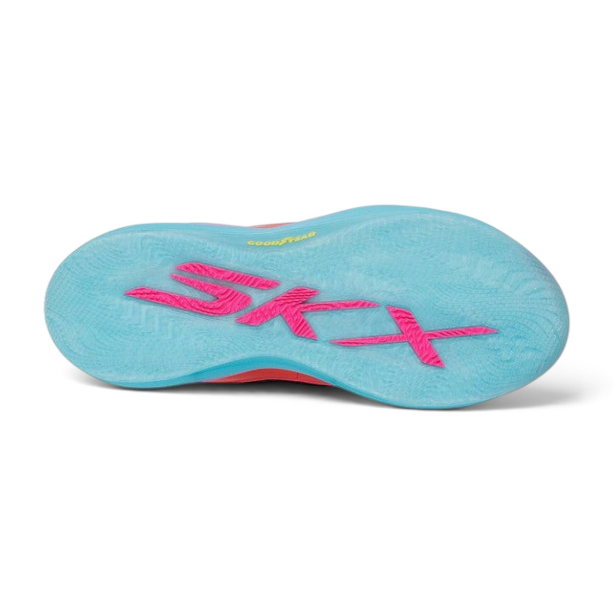 FRG Skechers SKX B-LITE basketball sneaker outsole in translucent light blue with pink branding and traction pattern