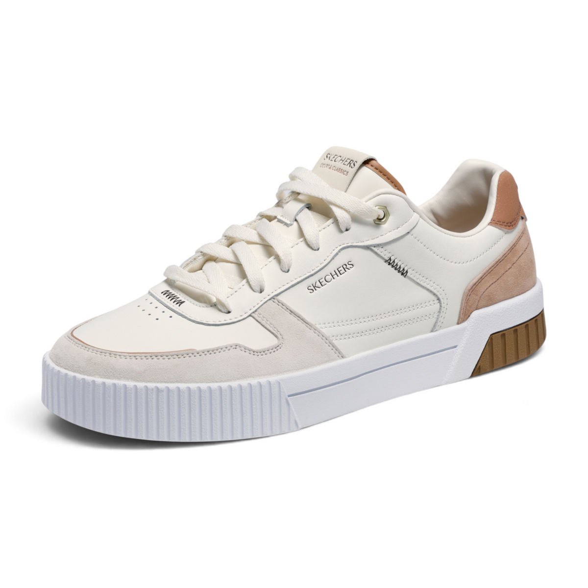 FRG Skechers Jade - Kovos low-top court sneakers in white leather with beige suede overlays and memory foam insoles.