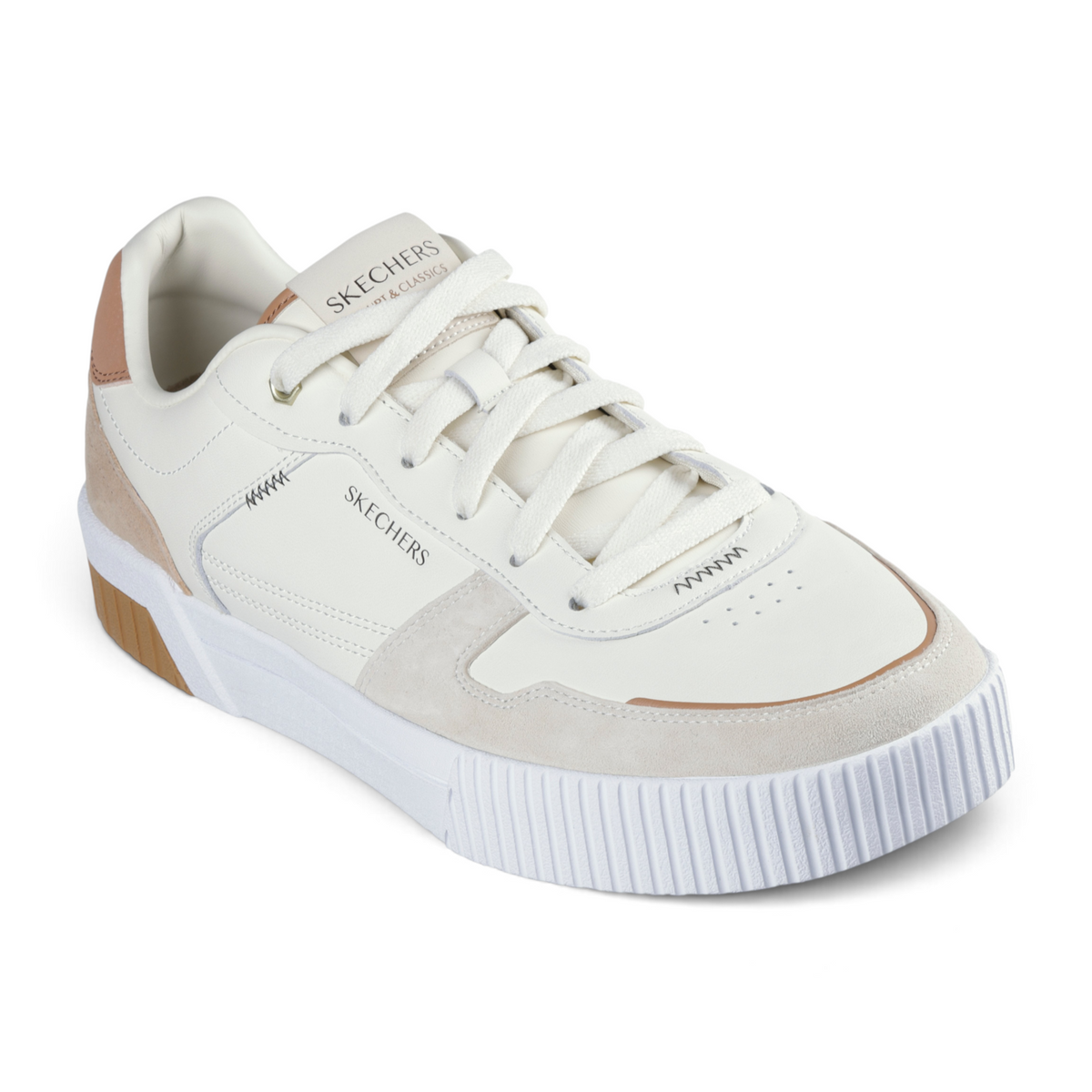 FRG Skechers Jade - Kovos low-top court sneaker in white leather with beige suede overlays and memory foam insole