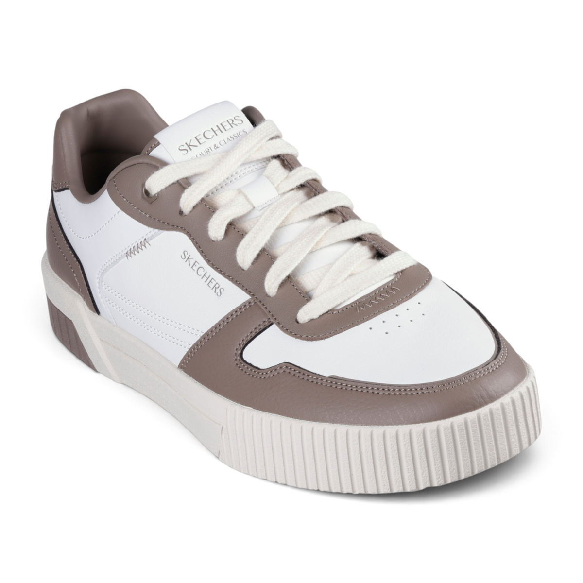 FRG Skechers Jade Strane low-top court sneakers in white and taupe duraleather with lace-up closure.
