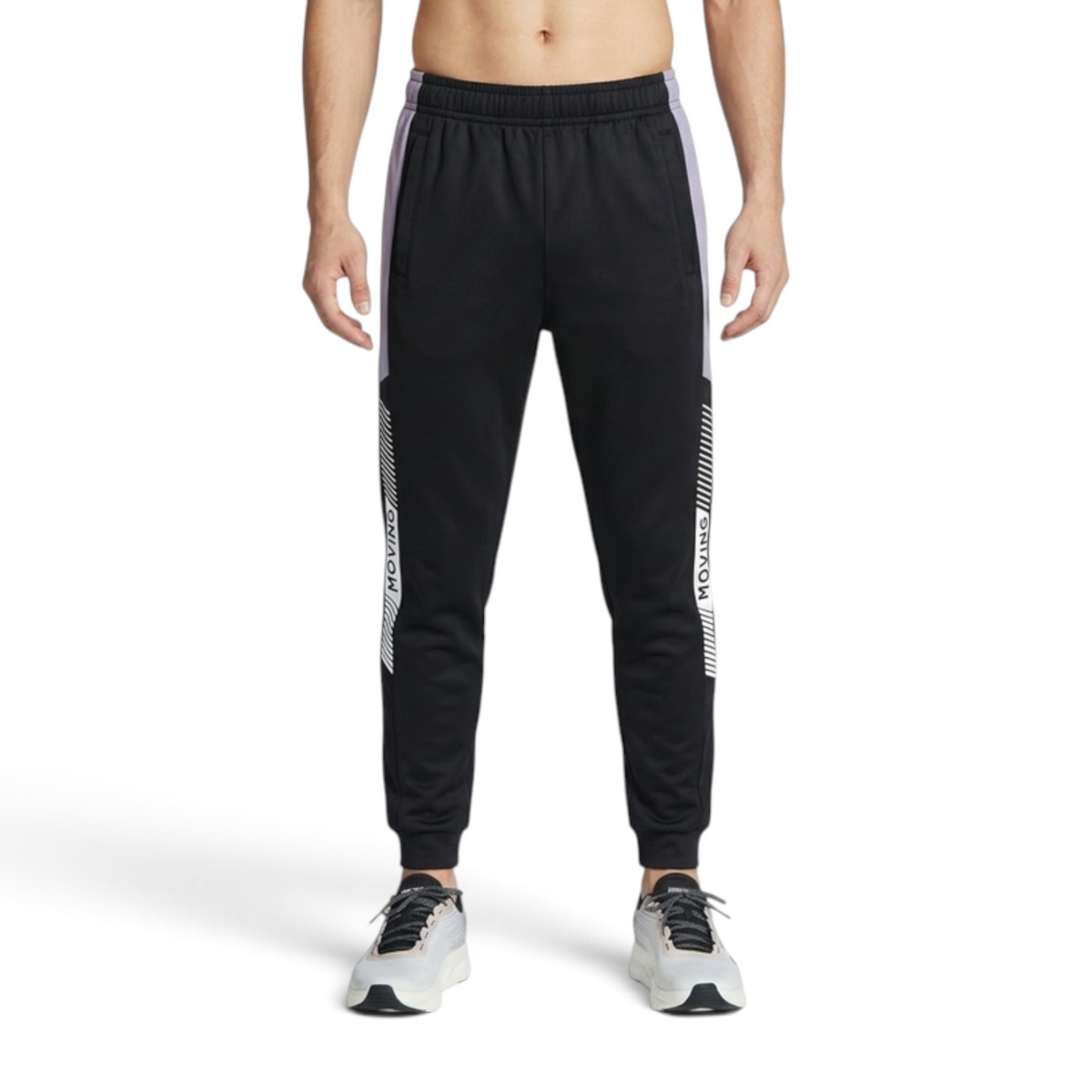 FRG ANTA Sports black knit track pants with white side stripe details and elastic cuffs worn by a male athlete